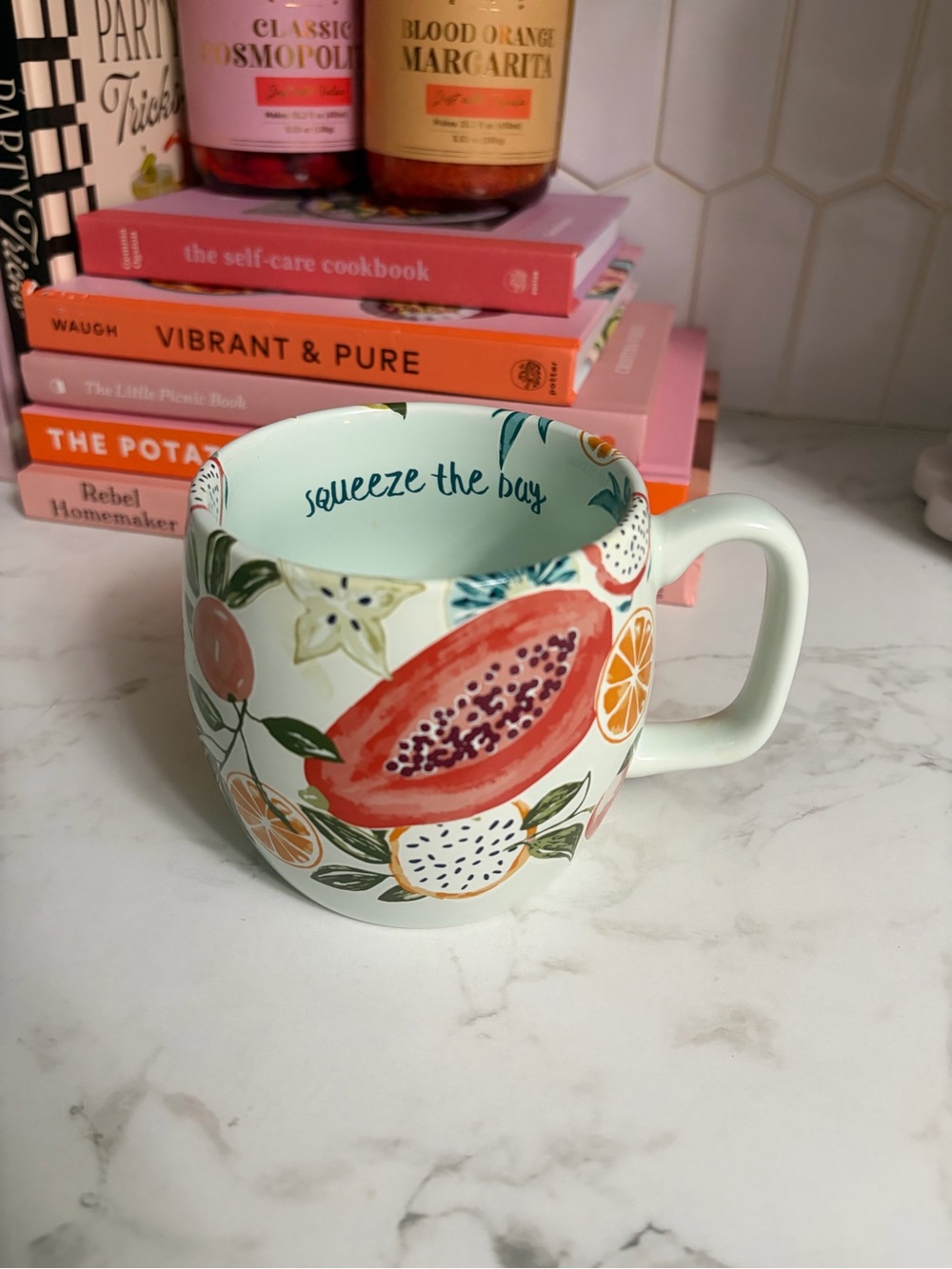 Opalhouse Mint Ceramic Mug with Coral & Green Fruit Motif